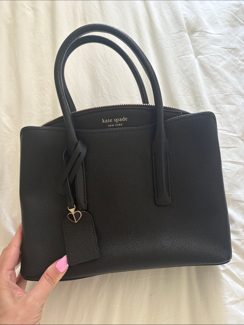 kate spade Black Pebbled Leather Satchel with Heart Charm